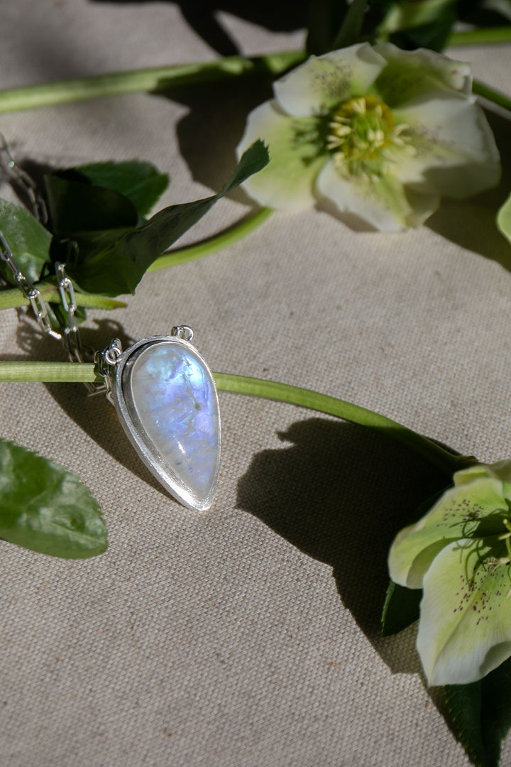 Teardrop Rainbow Moonstone Pendant on Fixed Sterling Silver Chain