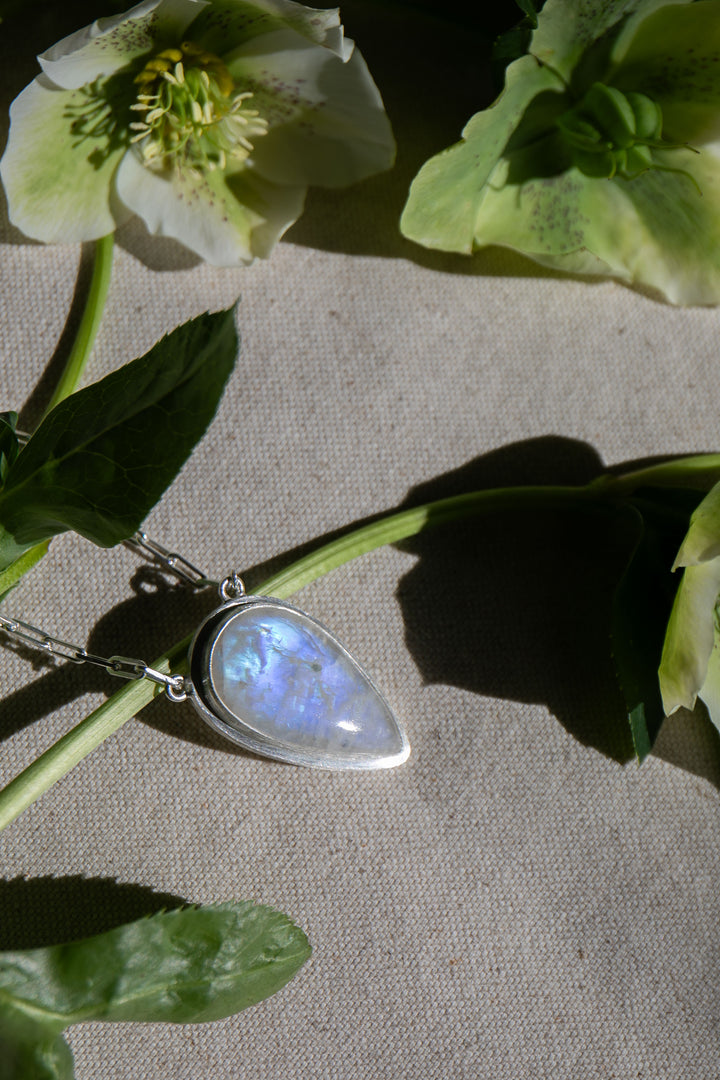 Teardrop Rainbow Moonstone Pendant on Fixed Sterling Silver Chain