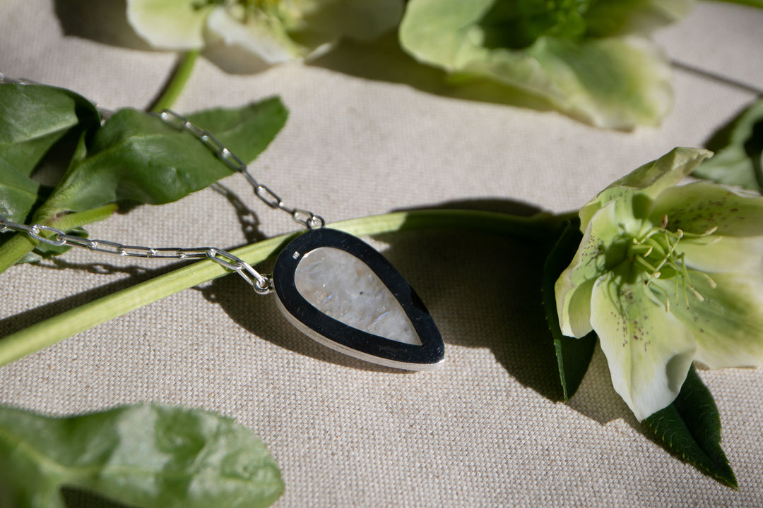 Teardrop Rainbow Moonstone Pendant on Fixed Sterling Silver Chain