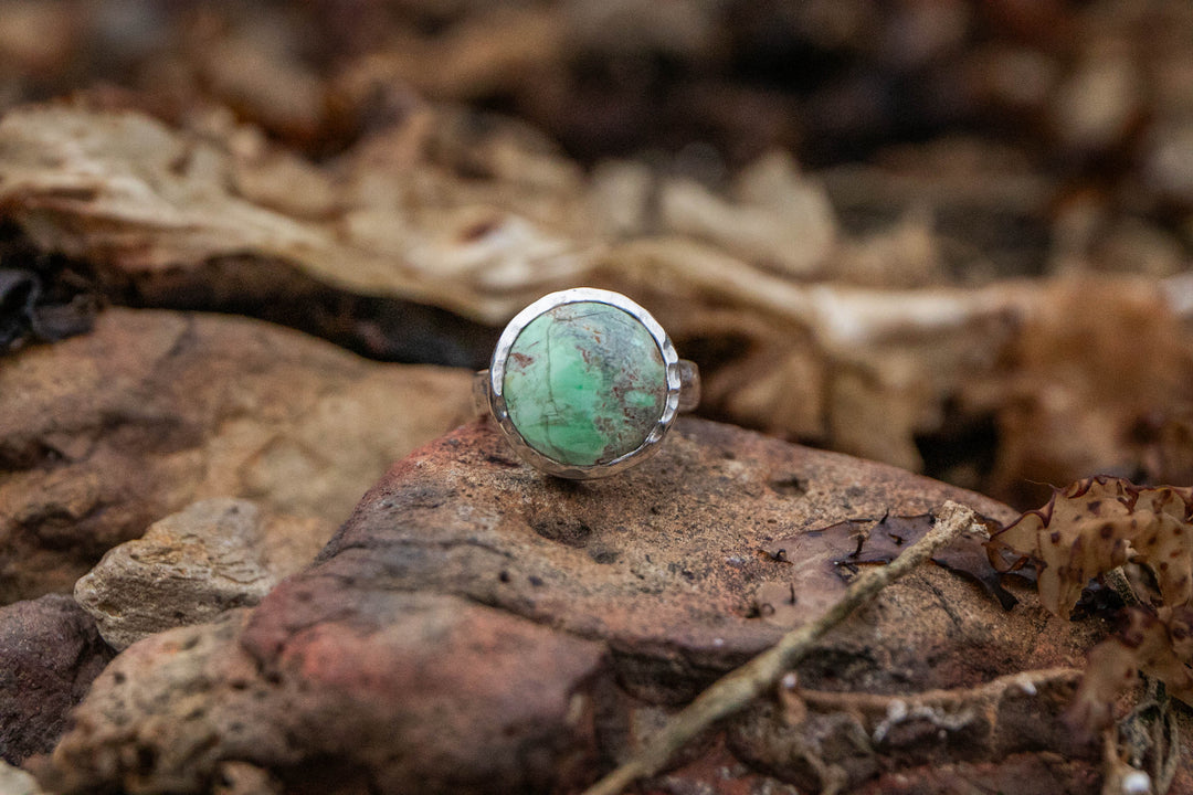 Round Variscite Ring in Beaten Sterling Silver - Size 7 US
