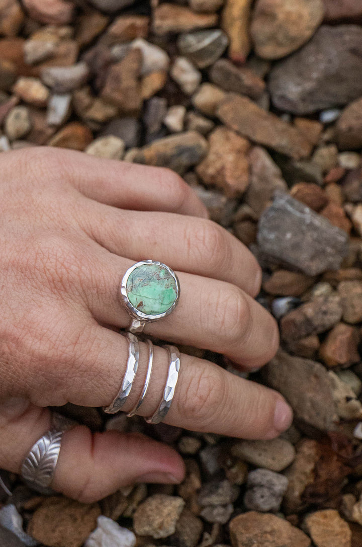 Round Variscite Ring in Beaten Sterling Silver - Size 7 US