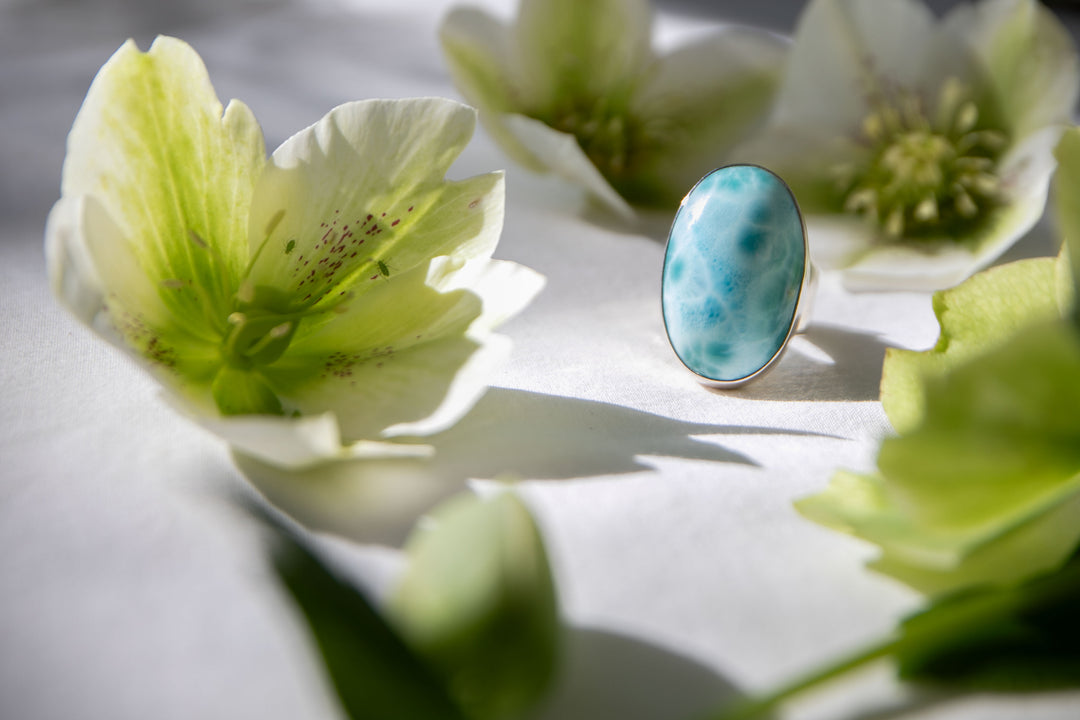 High Grade Oval Larimar Ring set in Sterling Silver - Adjustable Band