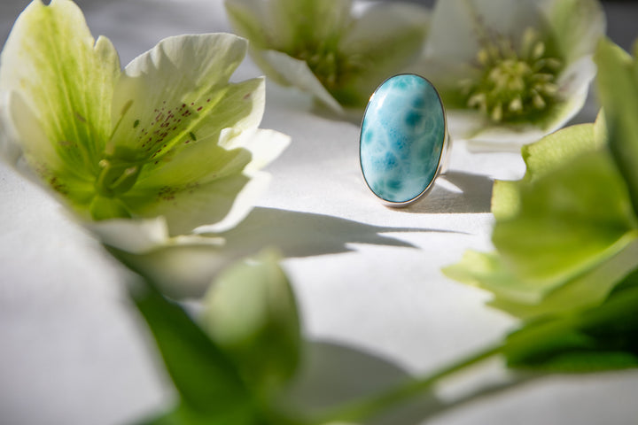 High Grade Oval Larimar Ring set in Sterling Silver - Adjustable Band