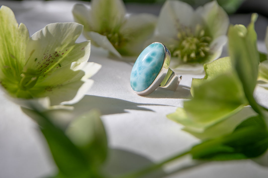 High Grade Oval Larimar Ring set in Sterling Silver - Adjustable Band