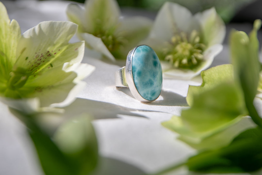 High Grade Oval Larimar Ring set in Sterling Silver - Adjustable Band