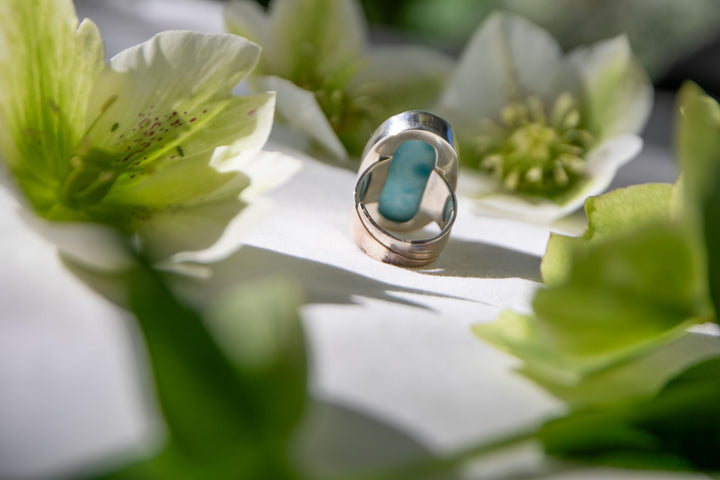 High Grade Oval Larimar Ring set in Sterling Silver - Adjustable Band