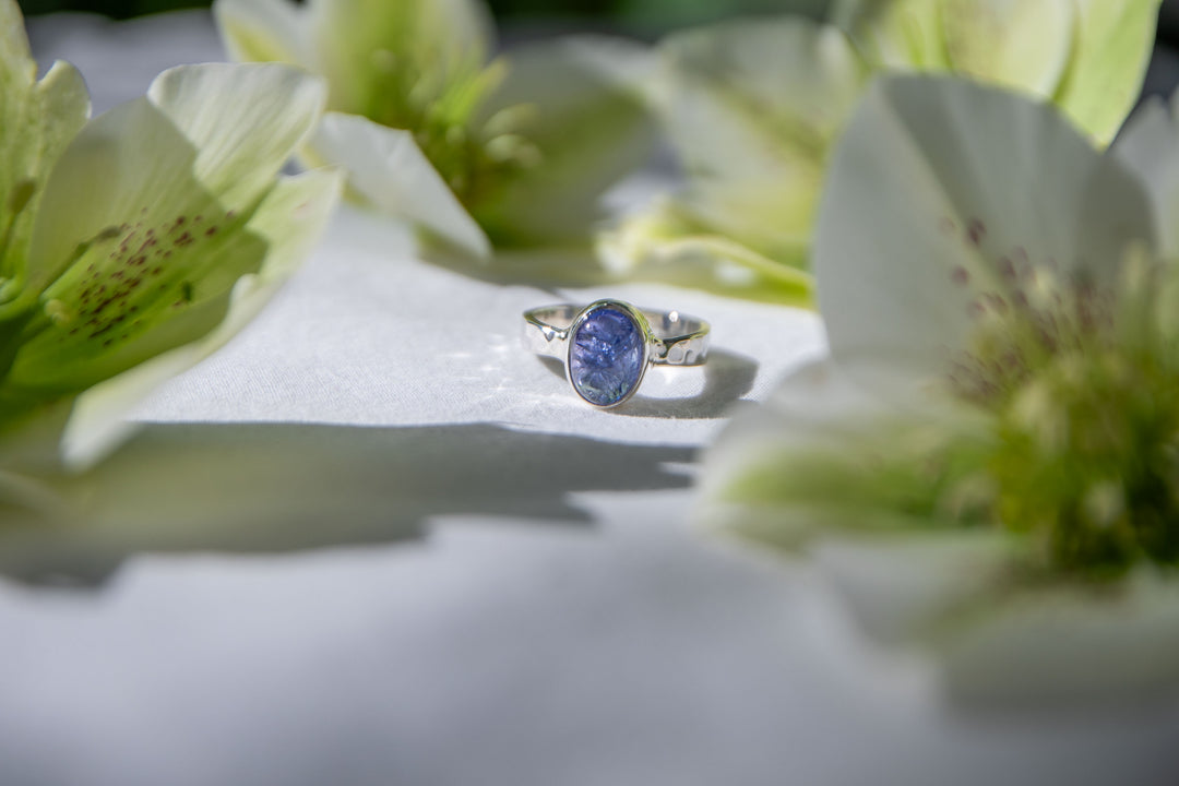 Tanzanite Ring in Beaten Sterling Silver Setting - Size 6.5 US