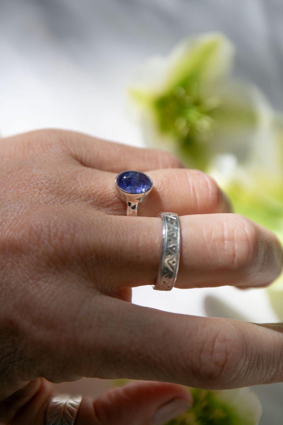 Tanzanite Ring in Beaten Sterling Silver Setting - Size 6.5 US