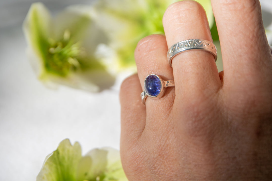 Tanzanite Ring in Beaten Sterling Silver Setting - Size 6.5 US