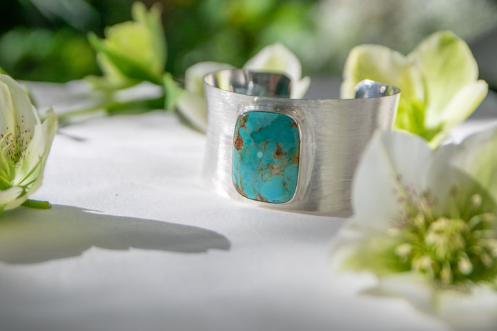 Genuine Arizona Turquoise Cuff Bangle in Brushed Sterling Silver Setting