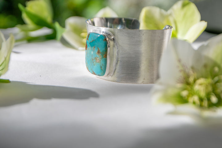 Genuine Arizona Turquoise Cuff Bangle in Brushed Sterling Silver Setting