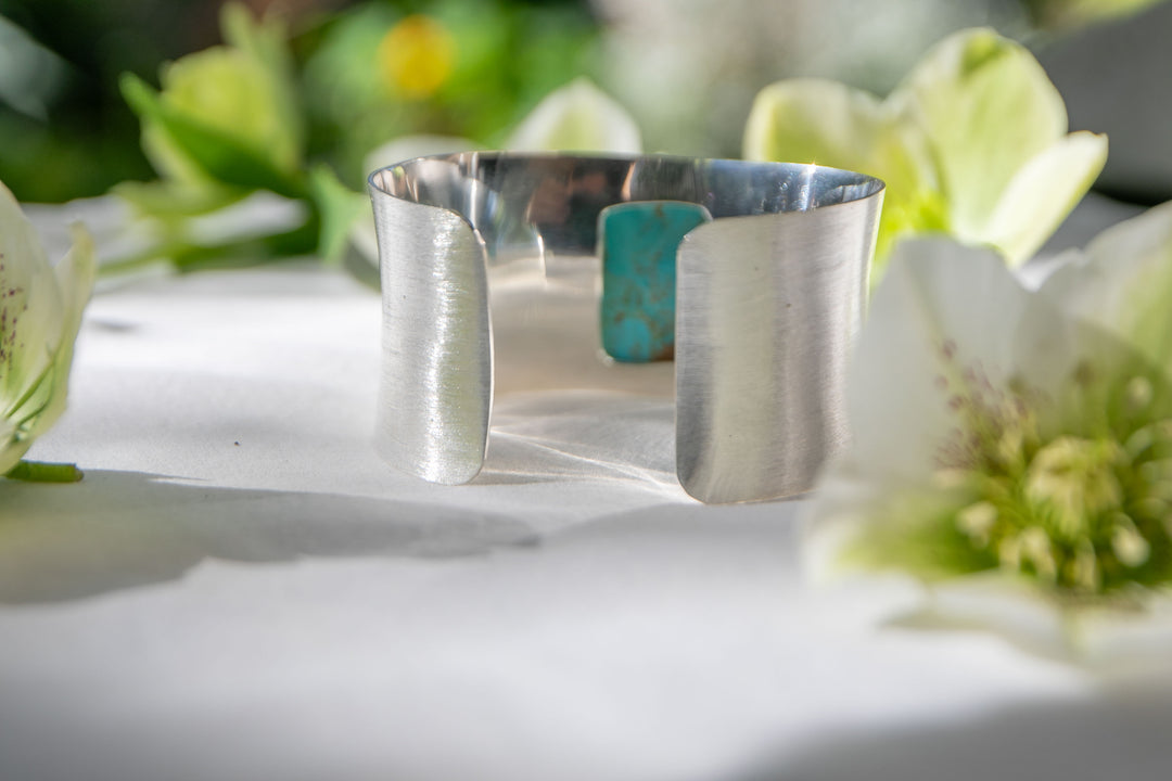 Genuine Arizona Turquoise Cuff Bangle in Brushed Sterling Silver Setting