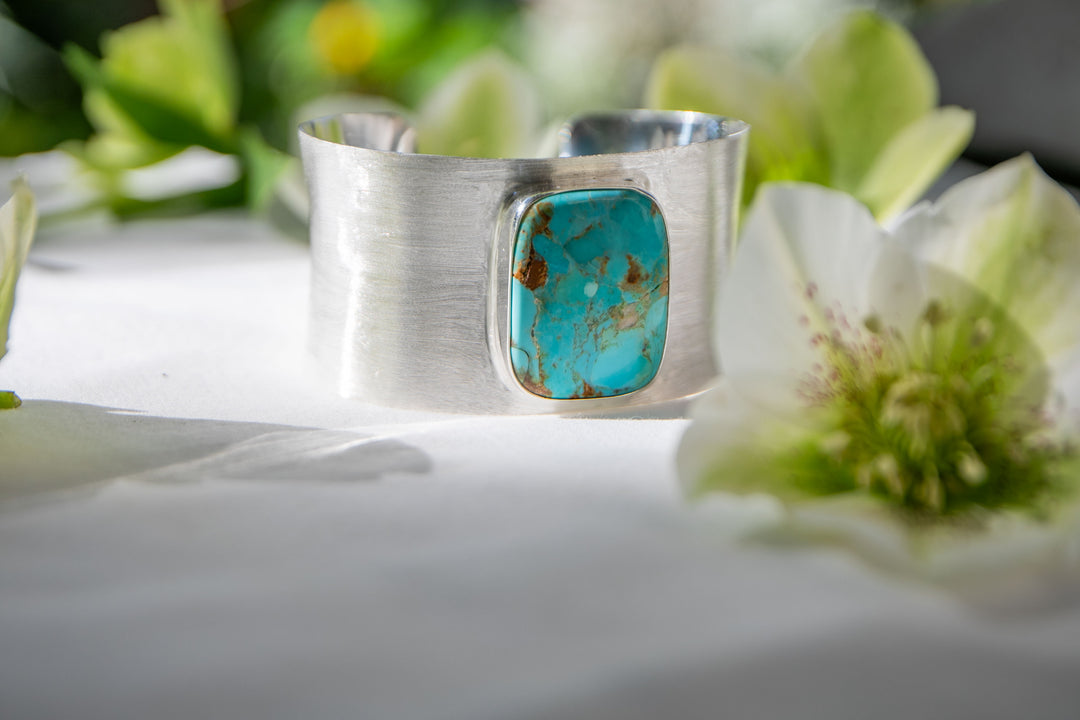 Genuine Arizona Turquoise Cuff Bangle in Brushed Sterling Silver Setting