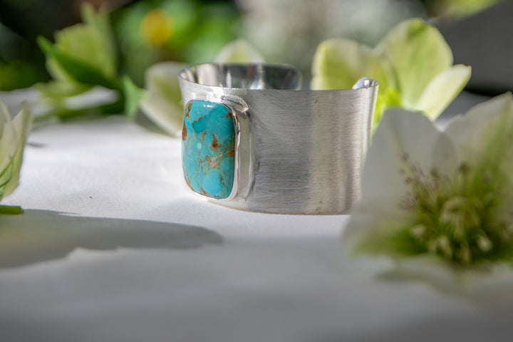 Genuine Arizona Turquoise Cuff Bangle in Brushed Sterling Silver Setting