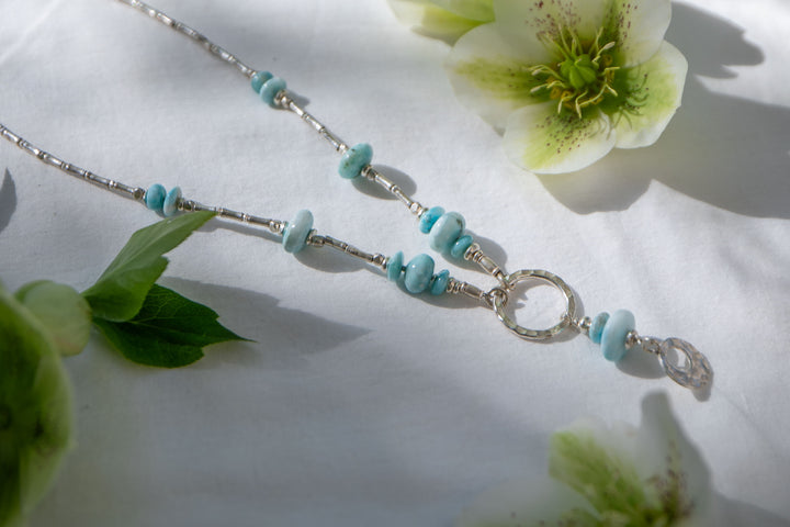 Larimar + Thai Hill Tribe Silver Necklace with Beaten Circle and Charm