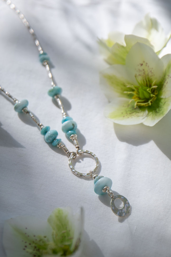 Larimar + Thai Hill Tribe Silver Necklace with Beaten Circle and Charm