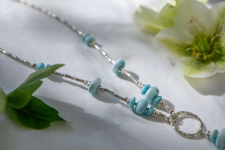 Larimar + Thai Hill Tribe Silver Necklace with Beaten Circle and Charm