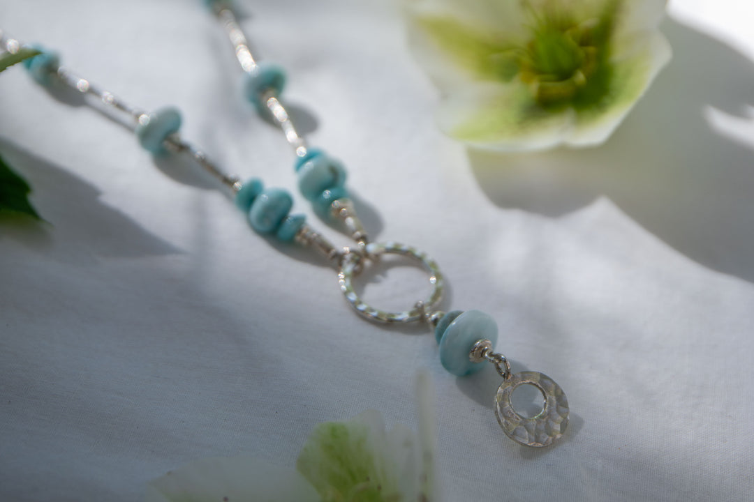 Larimar + Thai Hill Tribe Silver Necklace with Beaten Circle and Charm