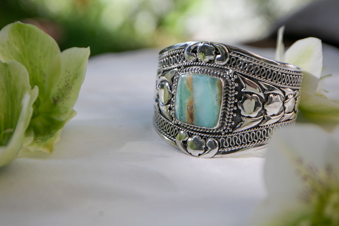 RESERVED for Gina ** Statement Peruvian Opal Bangle in Tribal Sterling Silver - Adjustable