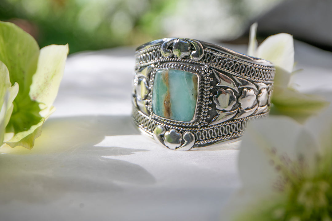 RESERVED for Gina ** Statement Peruvian Opal Bangle in Tribal Sterling Silver - Adjustable