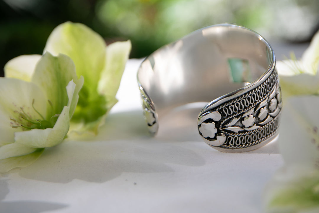 RESERVED for Gina ** Statement Peruvian Opal Bangle in Tribal Sterling Silver - Adjustable