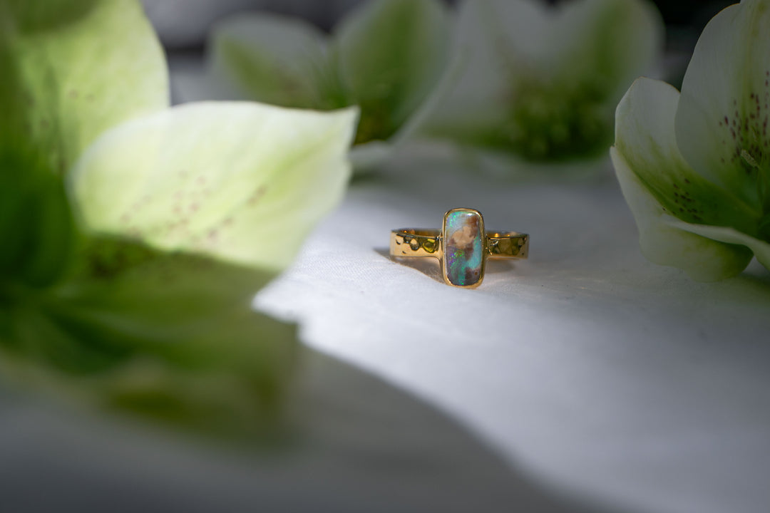 Australian Opal Ring set in Beaten Gold Plated Sterling Silver Band - Size 7.5 US