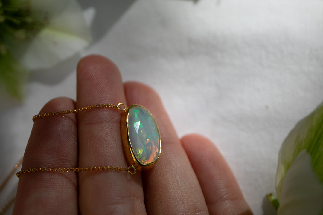 Stunning Ethiopian Opal Pendant set on 14k Gold Plated Sterling Silver Chain