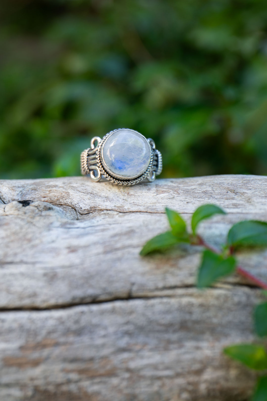 Rainbow Moonstone Ring in Tribal Sterling Silver Setting - Size 7.5 US