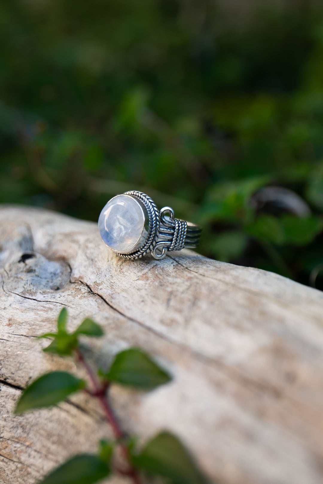 Rainbow Moonstone Ring in Tribal Sterling Silver Setting - Size 7.5 US