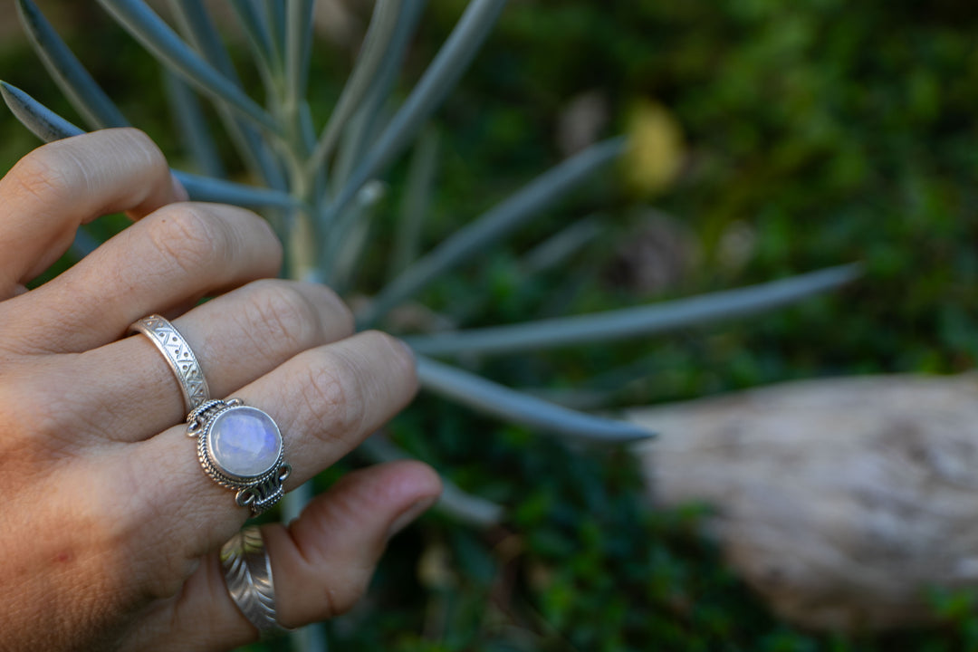 Rainbow Moonstone Ring in Tribal Sterling Silver Setting - Size 7.5 US