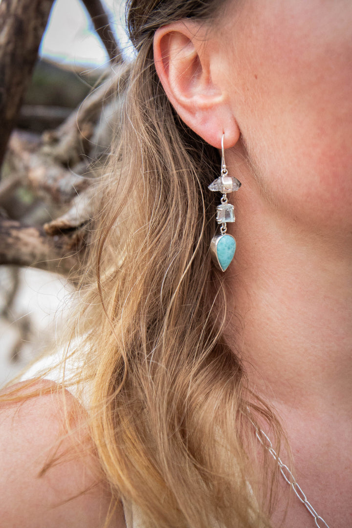 Larimar, Herkimer Diamond and Raw Aquamarine Earrings set in Sterling Silver