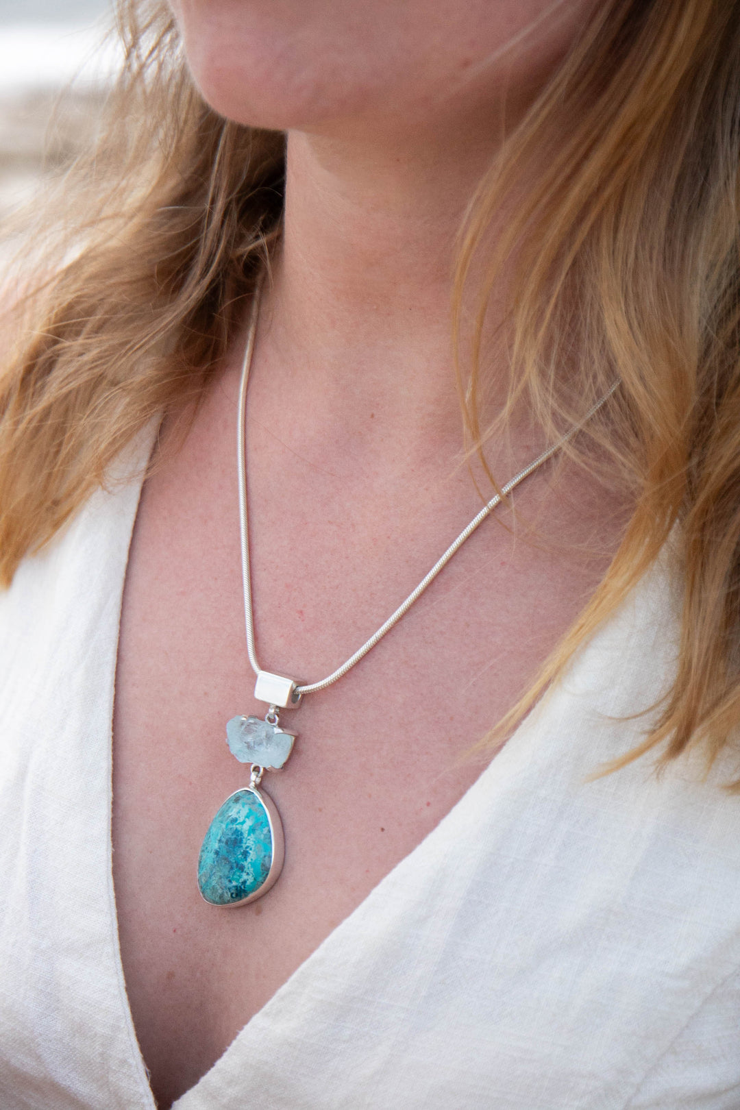 Shattuckite and Raw Aquamarine Sterling Silver Pendant