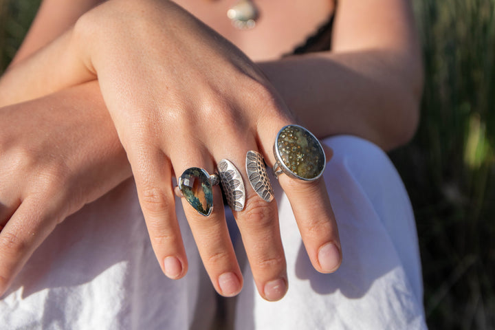 Faceted Ocean Jasper Ring in Bezel Sterling Silver - Size 9 US