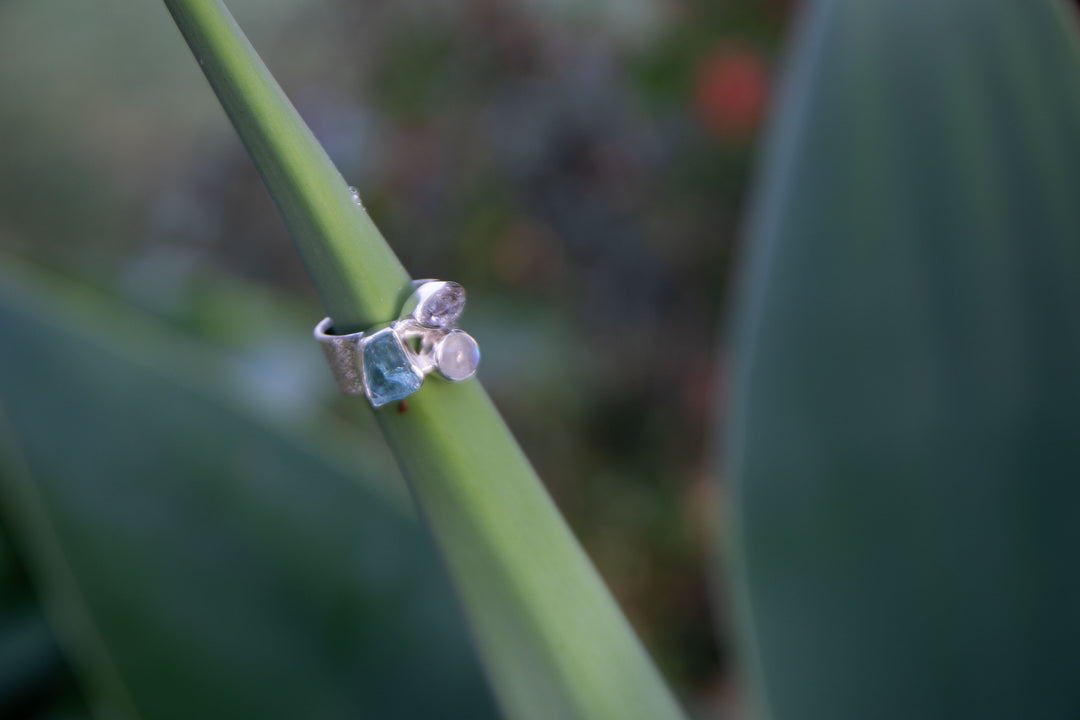 Raw Aquamarine, Herkimer Diamond and Rainbow Moonstone Ring - Size 9 US