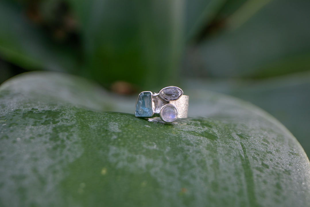 Raw Aquamarine, Herkimer Diamond and Rainbow Moonstone Ring - Size 9 US