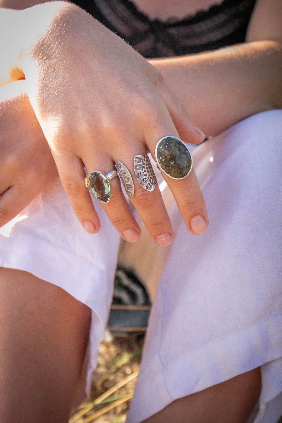 Faceted Ocean Jasper Ring in Bezel Sterling Silver - Size 9 US