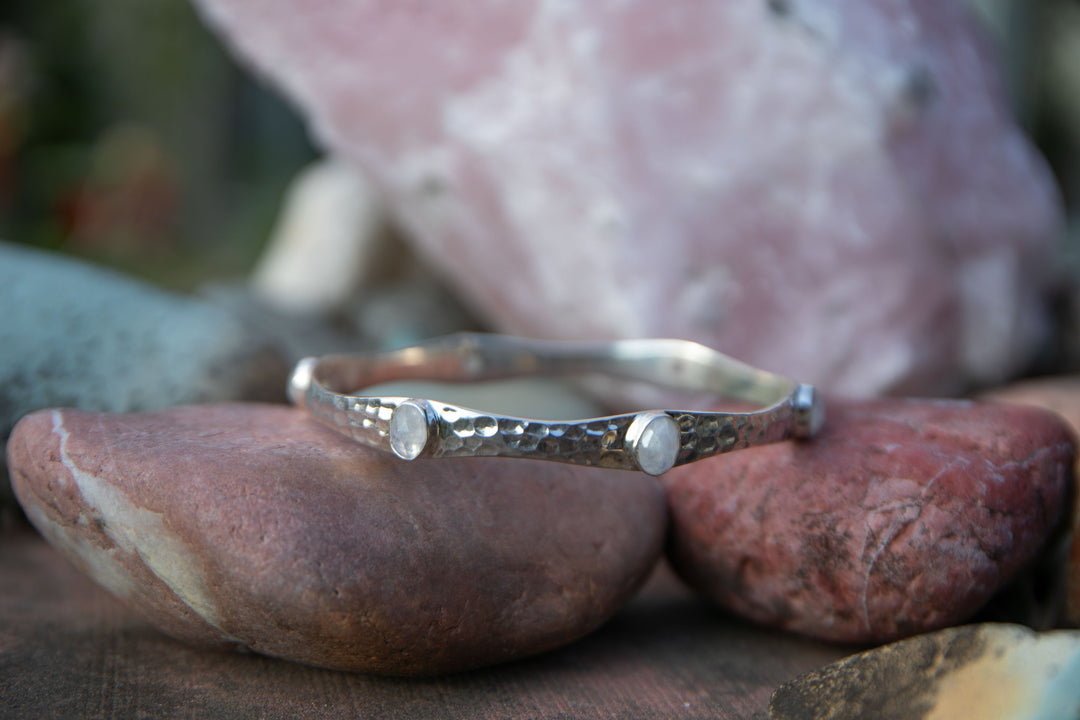 Rainbow Moonstone Bangle in Beaten Sterling Silver