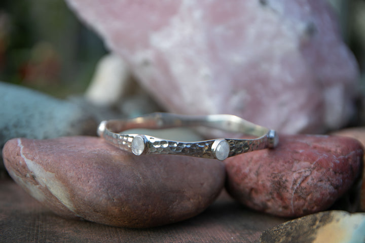 Rainbow Moonstone Bangle in Beaten Sterling Silver