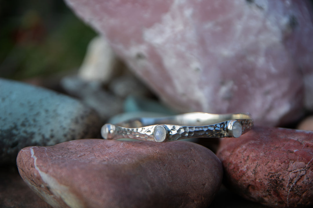 Rainbow Moonstone Bangle in Beaten Sterling Silver