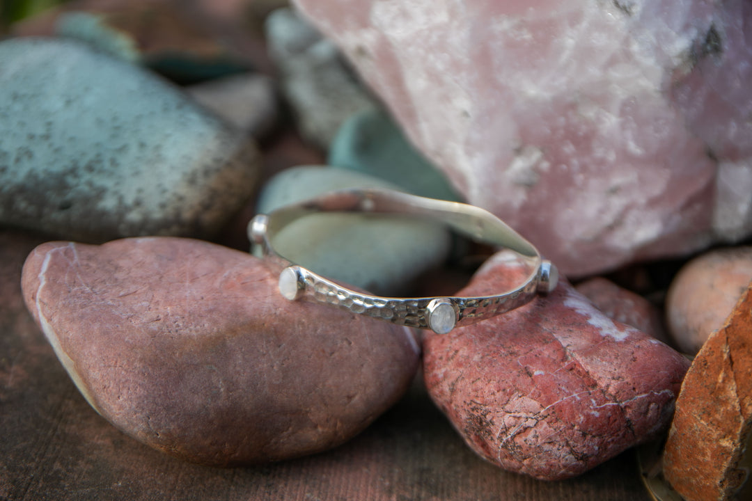 Rainbow Moonstone Bangle in Beaten Sterling Silver