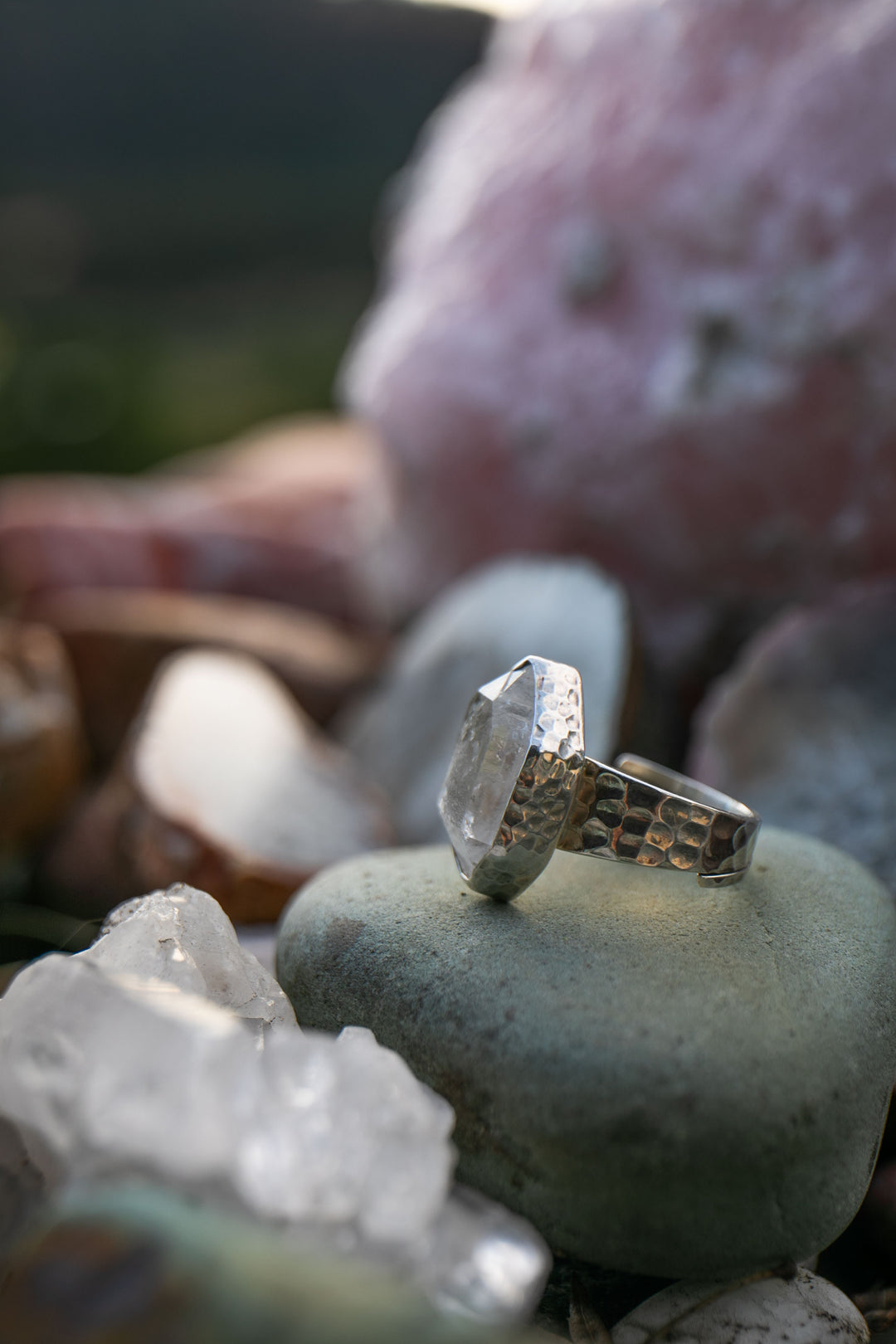 Herkimer Diamond Ring set in Beaten Sterling Silver - Adjustable