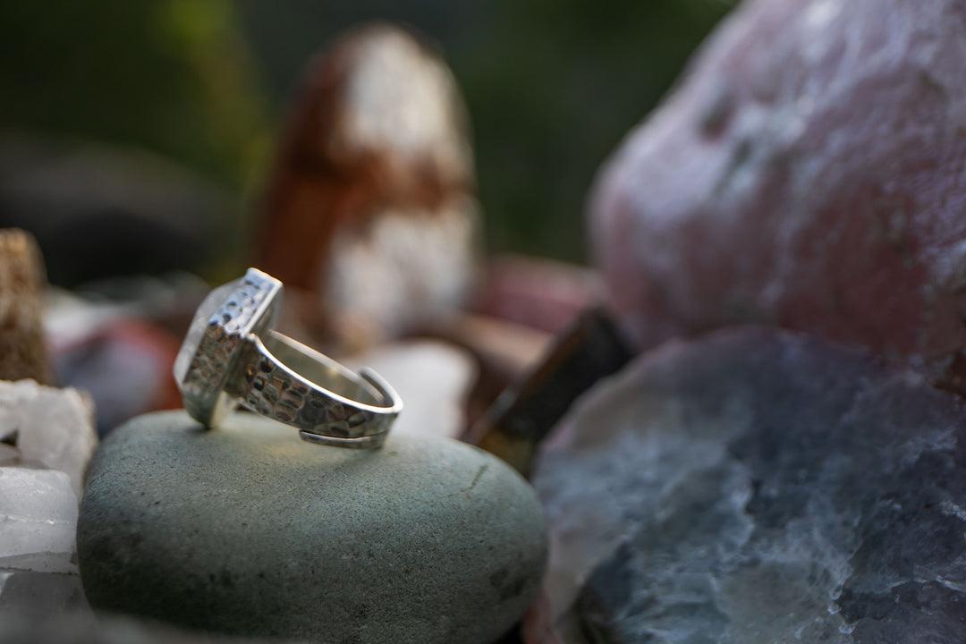 Herkimer Diamond Ring set in Beaten Sterling Silver - Adjustable