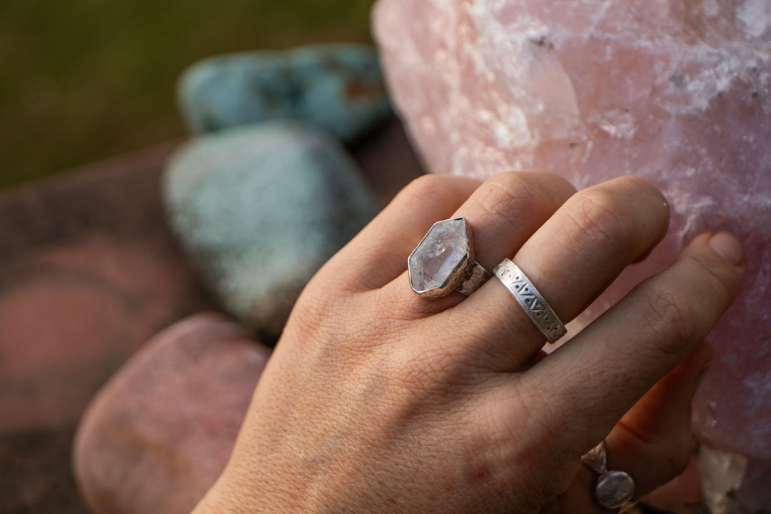 Herkimer Diamond Ring set in Beaten Sterling Silver - Adjustable