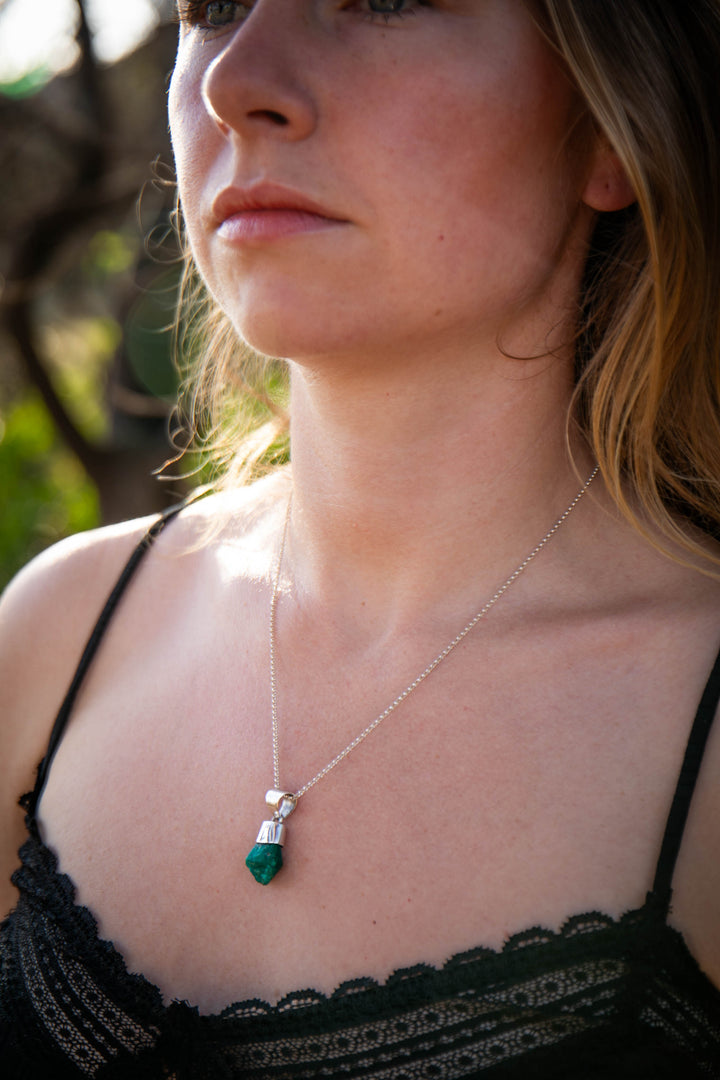 Raw Dioptase Pendant with Fine Sterling Silver Chain