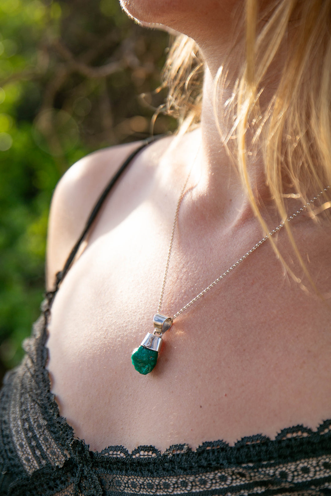 Raw Dioptase Pendant with Fine Sterling Silver Chain