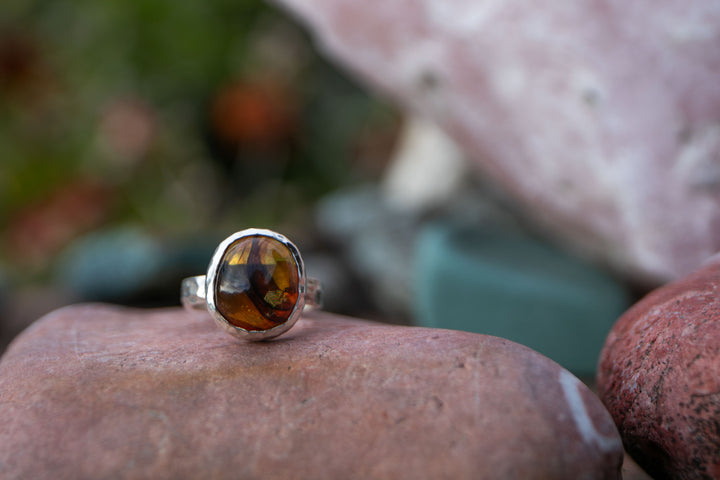 Amber Ring set in Beaten Sterling Silver - Size 8.5 US