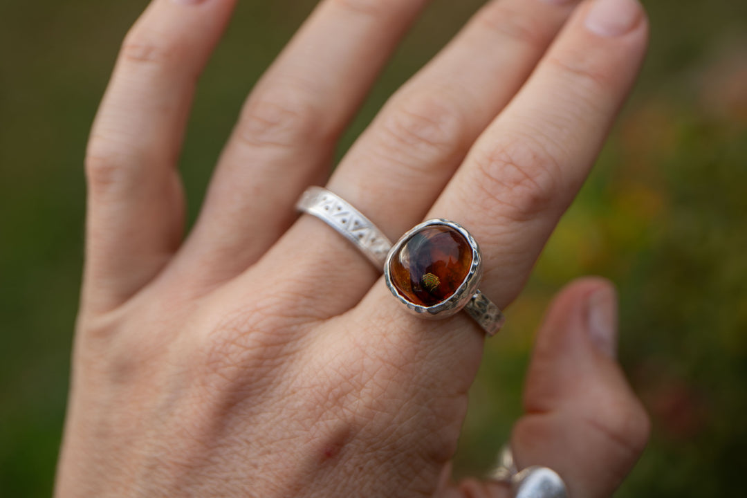 Amber Ring set in Beaten Sterling Silver - Size 8.5 US