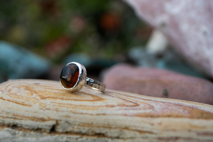 Amber Ring set in Beaten Sterling Silver - Size 8.5 US