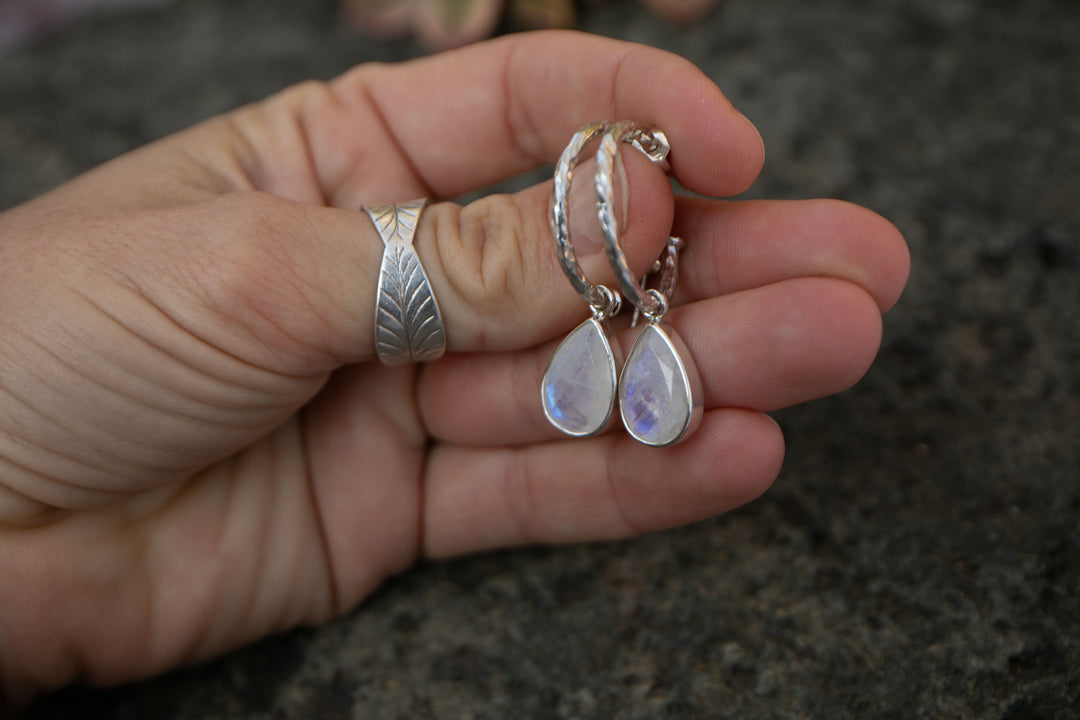 Rainbow Moonstone Hoop Stud Earrings in Sterling Silver Setting