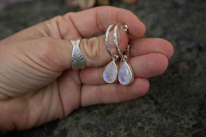 Rainbow Moonstone Hoop Stud Earrings in Sterling Silver Setting